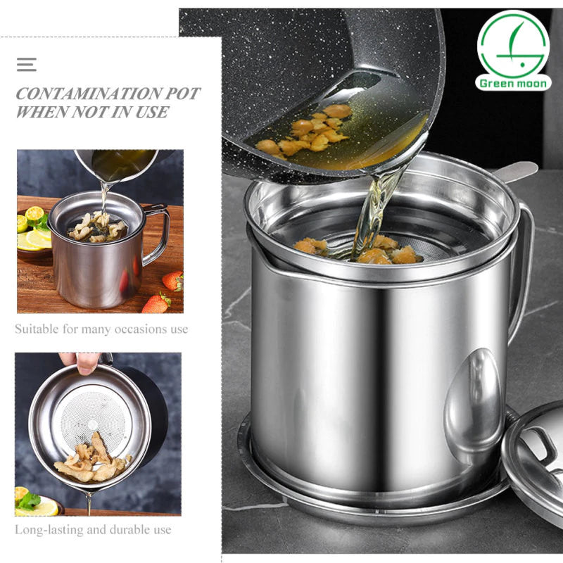 1.3L Stainless Steel Oil Pot Strainer Oil Storage Can Lid Mesh Filter Kitchen Cooking Oil Filter Cup