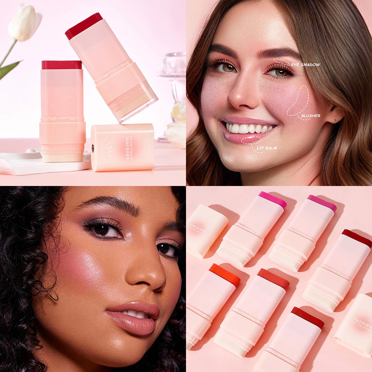 TVLV Matte 6-Shade Solid Blush Stick 15g Natural Nude Makeup Lipstick Multi-Use Waterproof Sweat-Resistant Rouge Cream