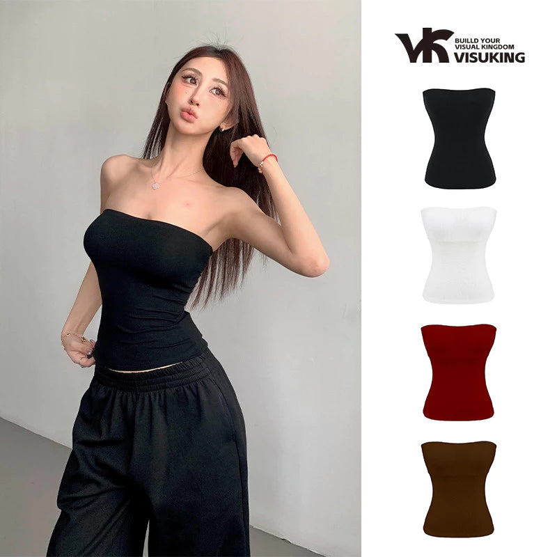 VISUKING Woman's Top Retro Striped Sleeveless Sexy Strapless Fashion Trend