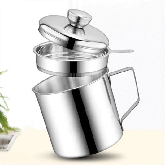 1.3L Stainless Steel Oil Pot Strainer Oil Storage Can Lid Mesh Filter Kitchen Cooking Oil Filter Cup