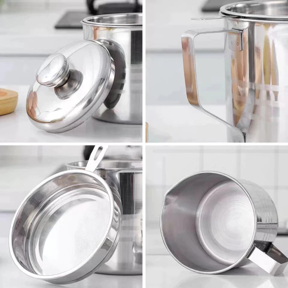 1.3L Stainless Steel Oil Pot Strainer Oil Storage Can Lid Mesh Filter Kitchen Cooking Oil Filter Cup