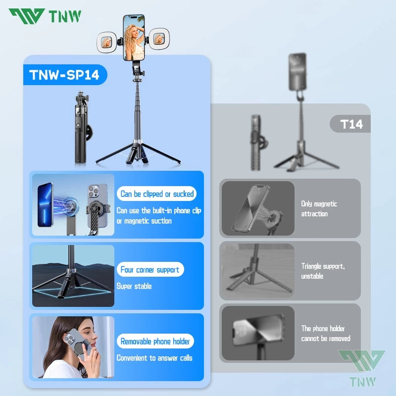 TNW SP14 Magnetic Selfie Stick 135cm Magsafe Tripod With Fill Light Magnetic Phone Holder For travel