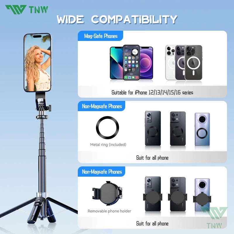 TNW SP14 Magnetic Selfie Stick 135cm Magsafe Tripod With Fill Light Magnetic Phone Holder For travel