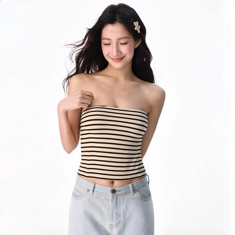 VISUKING Woman's Top Retro Striped Sleeveless Sexy Strapless Fashion Trend