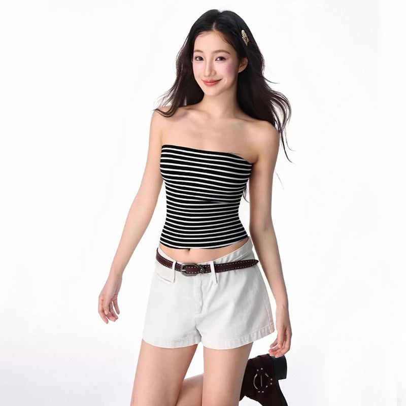 VISUKING Woman's Top Retro Striped Sleeveless Sexy Strapless Fashion Trend
