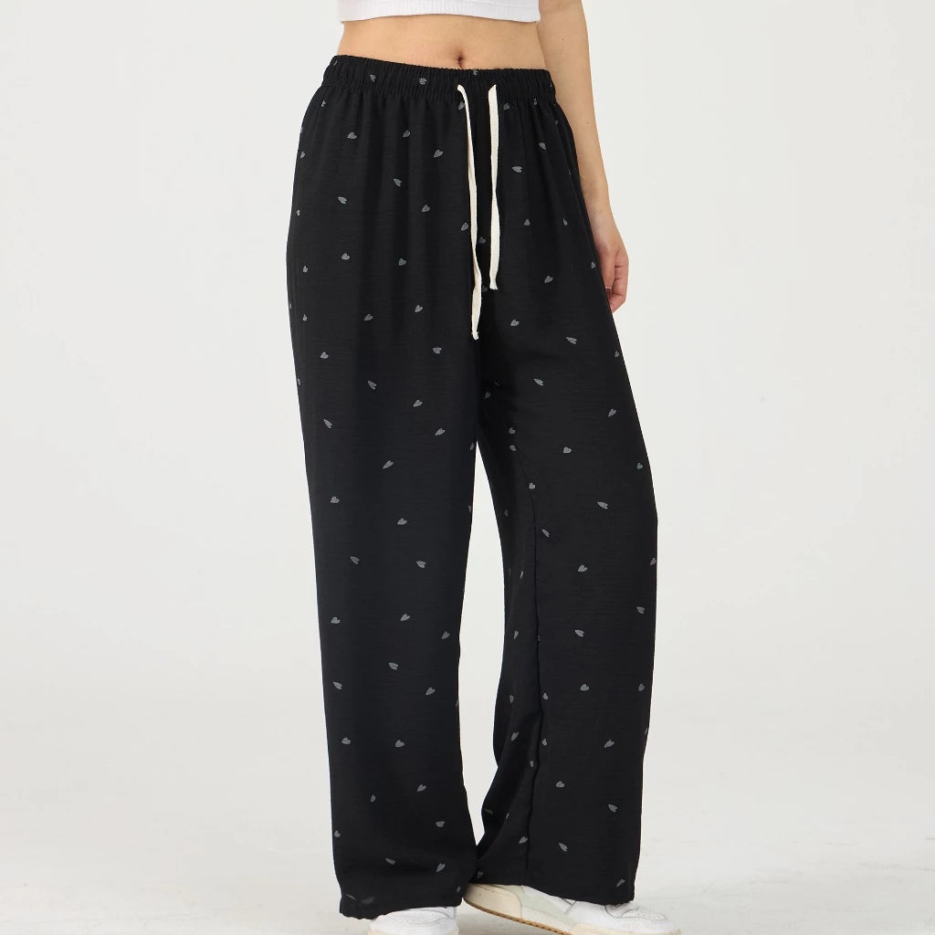 Women's Heart Printed Wide Leg Pants | Korean Fashion, Loose Fit & Daily Wear