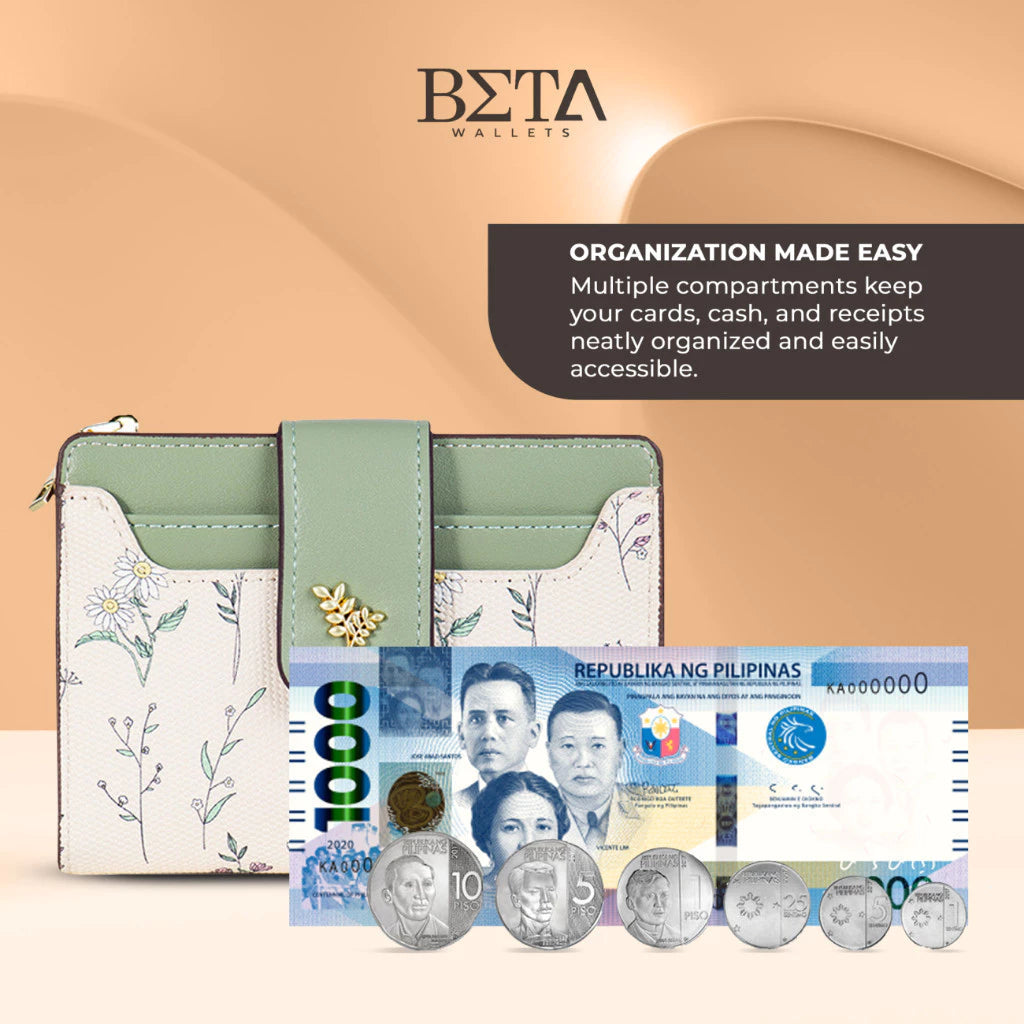 BETA Women Elegant Leather Wallet Students Floral Card Holder Wallets Coin Purse For Woman QB1018