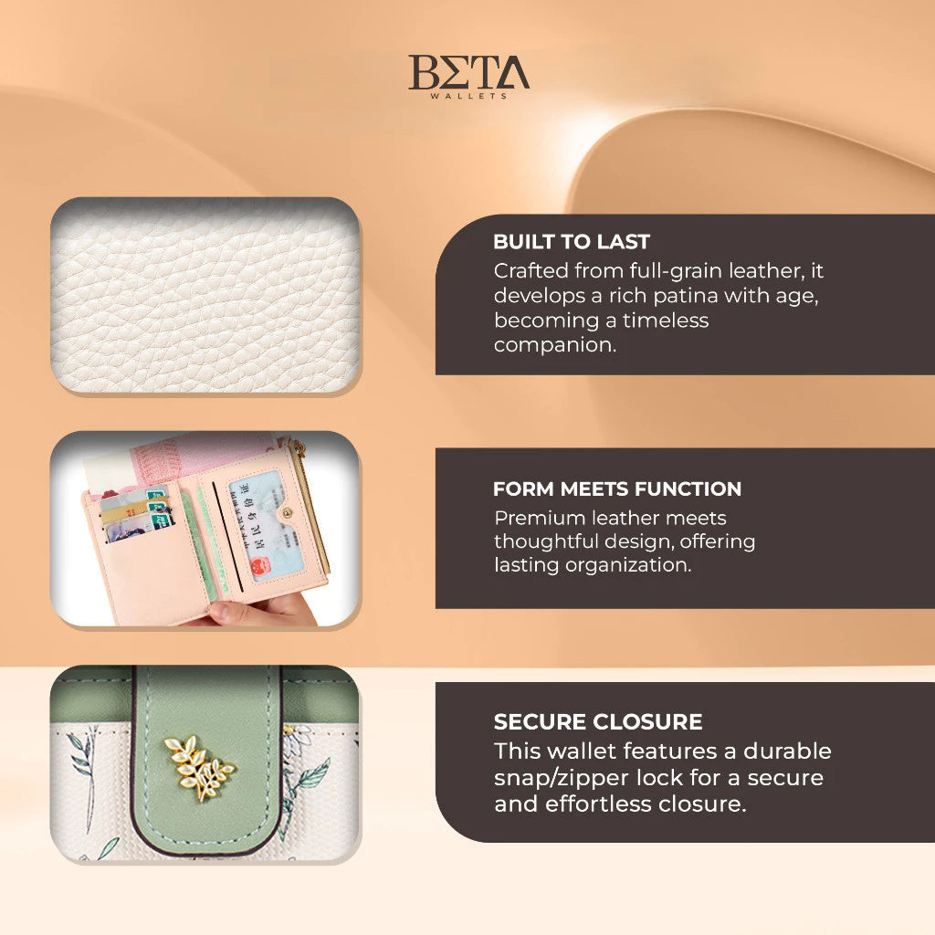 BETA Women Elegant Leather Wallet Students Floral Card Holder Wallets Coin Purse For Woman QB1018