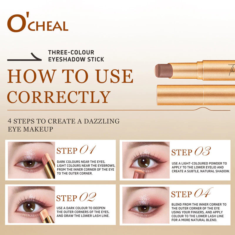 O'CHEAL 3 Color Eyeshadow Stick Pen Pearlescent Glitter Waterproof Eyeshadow Pen Gradient Eyeshadow Stick High Pigment Long Lasting