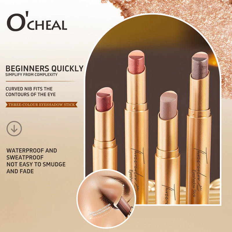 O'CHEAL 3 Color Eyeshadow Stick Pen Pearlescent Glitter Waterproof Eyeshadow Pen Gradient Eyeshadow Stick High Pigment Long Lasting