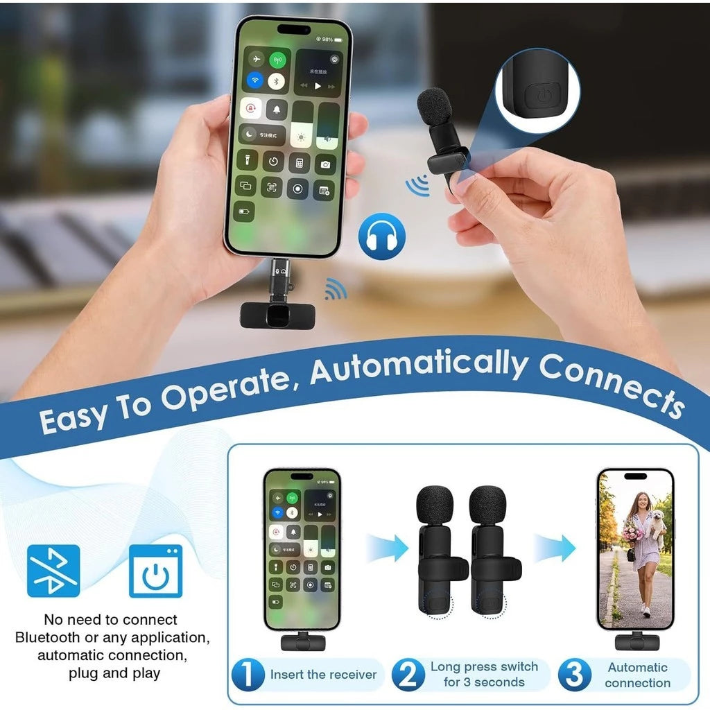 Wireless Lavalier Mic Plug & Play Noise Reduction Live Stream Interview for Android iPhone
