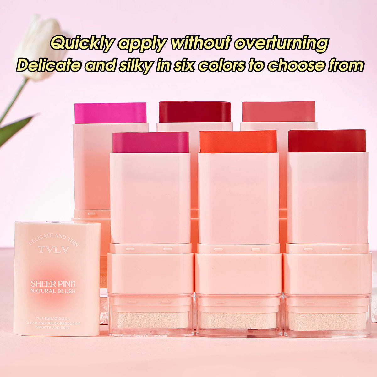 TVLV Matte 6-Shade Solid Blush Stick 15g Natural Nude Makeup Lipstick Multi-Use Waterproof Sweat-Resistant Rouge Cream